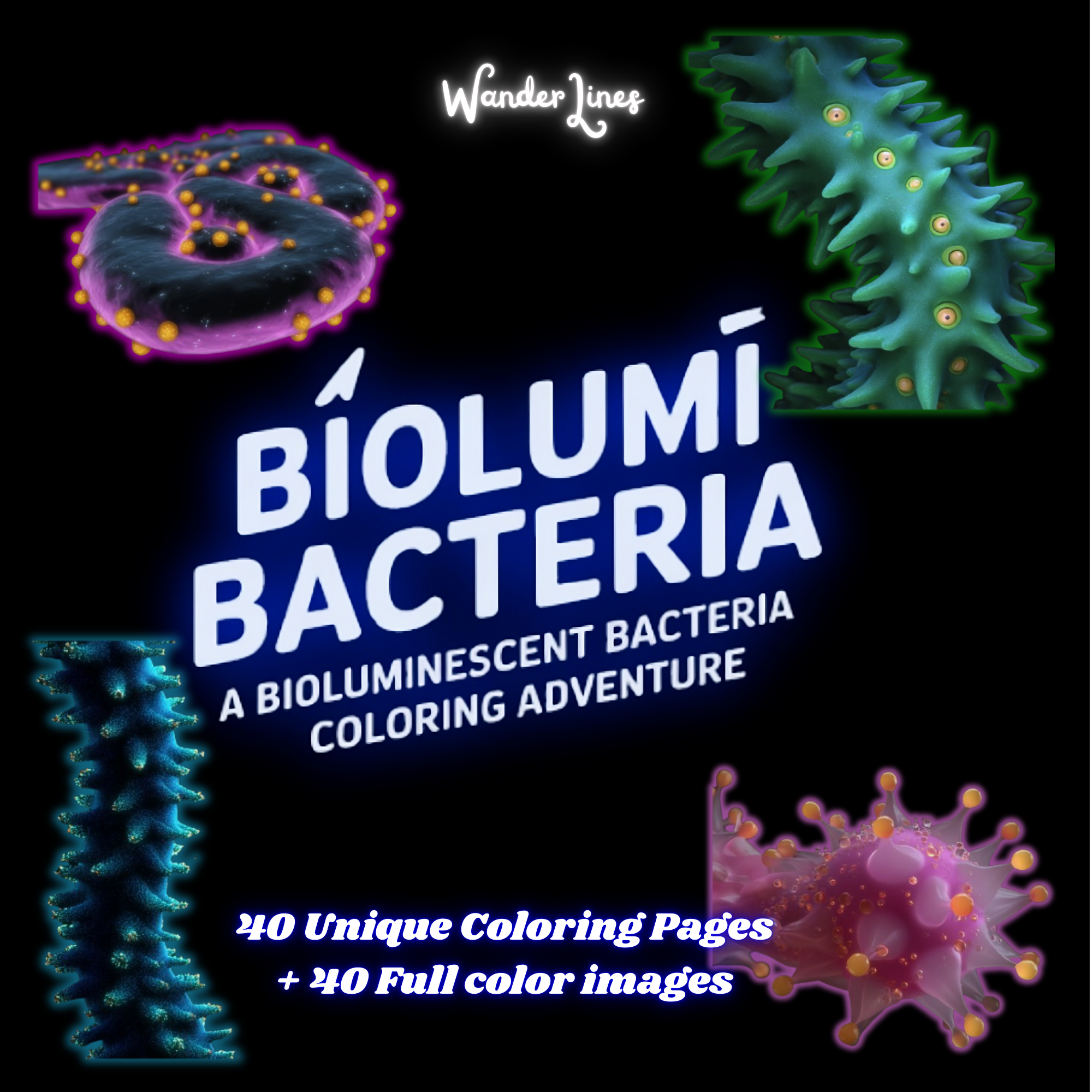 Bioluminescent micro-organisms — color reference on left, outline to color on right